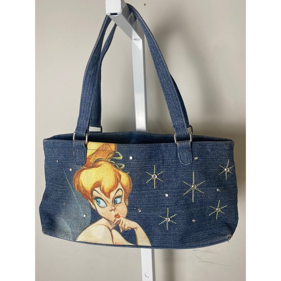Disney Store Handbags - Disney Store Tinkerbell Denim Shoulder Bag Y2K Blue Tote Rhinestone Stars Fairy